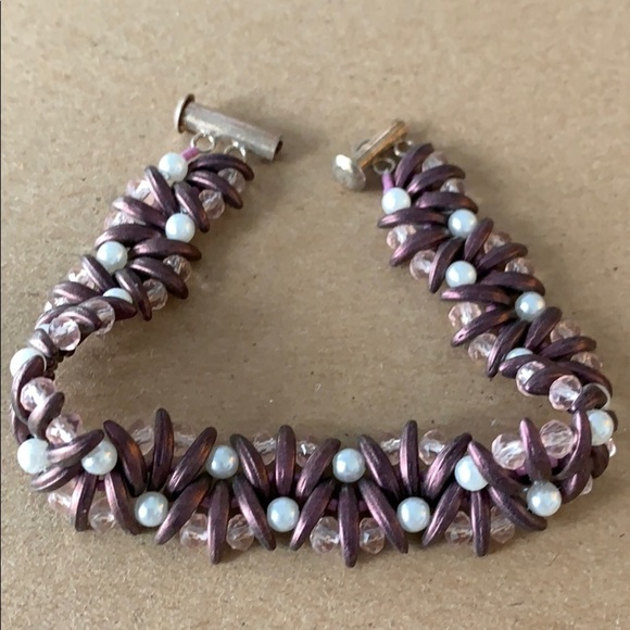 Beaded bracelet - pink, mauve and ivory - Picture 1 of 2